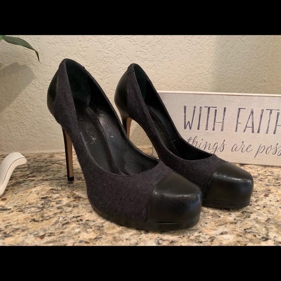 THEORY Grey Wool Leather Platform Tribtoo Heels - Picture 2 of 7